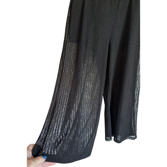 Favlux Fashion Womens Sheer Striped Black Wide-Leg Pants L 21" Inseam Pull On - Picture 3 of 7